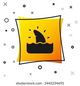 Black Shark fin in ocean wave icon isolated on white background. Yellow square button. Vector