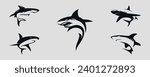 Black shark icons. Set. Vector on gray background
