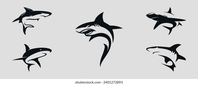 Black shark icons. Set. Vector on gray background