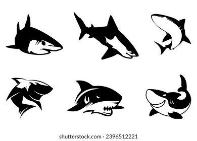 Black shark logo collection on a white background. Shark icon logo templates. Creative shark logo