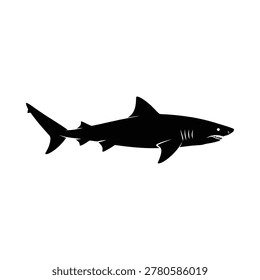 Black shark silhouette isolated on a white background, a graphic representation of the marine predator.