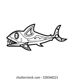 Black shark tattoo for design isolated on white - also as emblem. Shark tribal tattoo shape vector illustration. The stylized outline image of shark for coloring book.