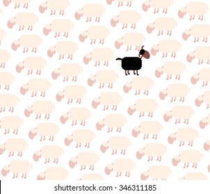 Black sheep among white sheep flock. Vector illustration on white background.