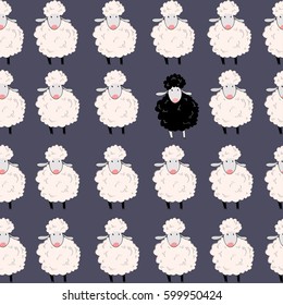 Black sheep among white sheeps blue seamless pattern