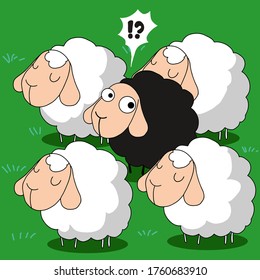 Black sheep among the white sheep.Vector illustration