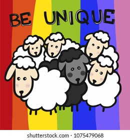 Black sheep be unique cartoon doodle on rainbow background, business concept