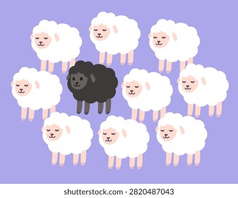Black sheep between white sheep, cute cartoon drawing. Standing out from the crowd concept. Vector clipart illustration