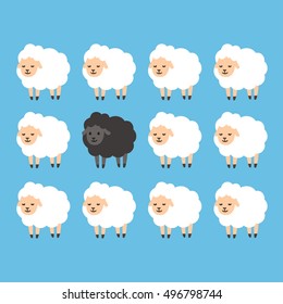 Black sheep between white sheep vector illustration. Stand out from the crowd concept.