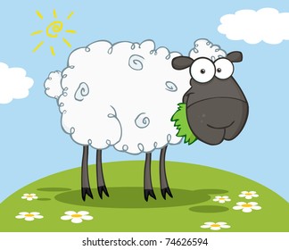Black Sheep Cartoon Character Eating A Grass On A Hill