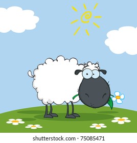 Black Sheep Cartoon Character Eating A Flower On A Meadow