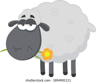 Black Sheep Cartoon Character With A Flower. Vector Illustration Flat Design Isolated On Transparent Background