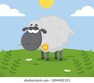 Black Sheep Cartoon Character With A Flower. Vector Illustration Flat Design With Background