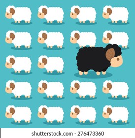 Black sheep different from the group of white sheep. Stand out from the crowd concept. Vector illustration. Flat design