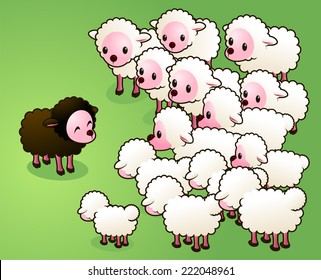 Black sheep of the family set apart surrounded by flock vector illustration. 