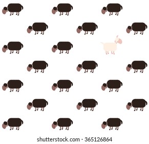 Black sheep flock with one white sheep looking up - contrary to the usual metaphor. Seamless background can be created in all directions. Isolated vector illustration on white background.