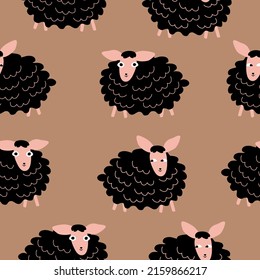 Black sheep hand drawn vector illustration. Funny animal character seamless pattern for baby fabric.