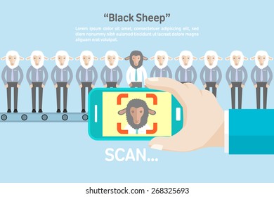 Black Sheep headed Man.concept of searching for professional stuff.Human resources management and analysis.employment issue.Smart phone scanning.vector illustration