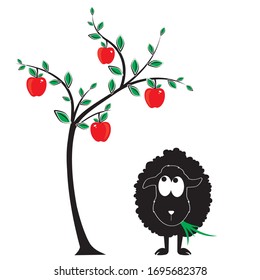 Black  sheep silhouette and apple tree illustration. Cartoon character. Kids wall decals, childish poster design, wall art, artwork