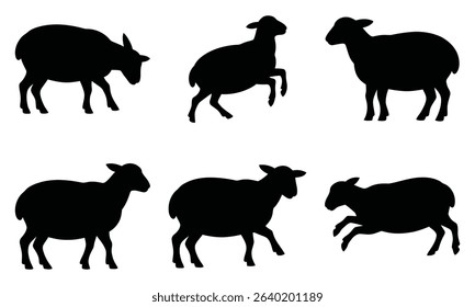 Black Sheep Silhouette Set – Grazing, Standing, and Walking Farm Animals Clipart