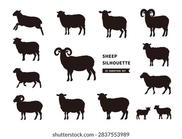 Black sheep silhouettes including lambs and horned rams in side view vector illustration