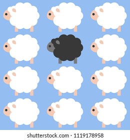 Black sheep in white sheep crowd, flat design