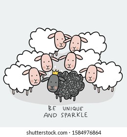 Black sheep in white sheep group, Be unique and sparkle cartoon doodle vector illustration