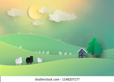 Black Sheep in white Sheep group farm on hill and cloud background in vintage Pastel Paper art cutting style