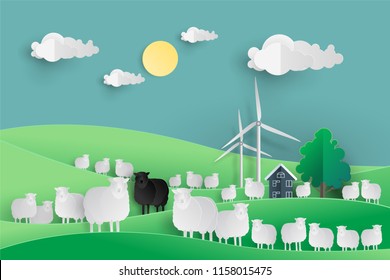 Black Sheep in White Sheep Group in Farm,wind turbine ,Home ,tree on Green Hill in Paper cut Style