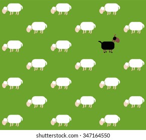 Black sheep with white sheep on a green pasture. Seamless background can be created in all directions. Isolated vector illustration on green background.