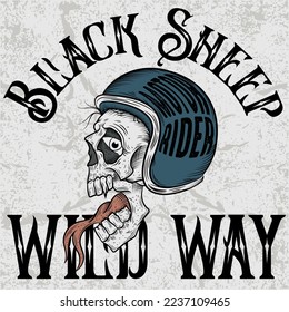 Black Sheep With Wild Way Skull Wearing Winged Helmet Vector Emblem Motorcycle Logo