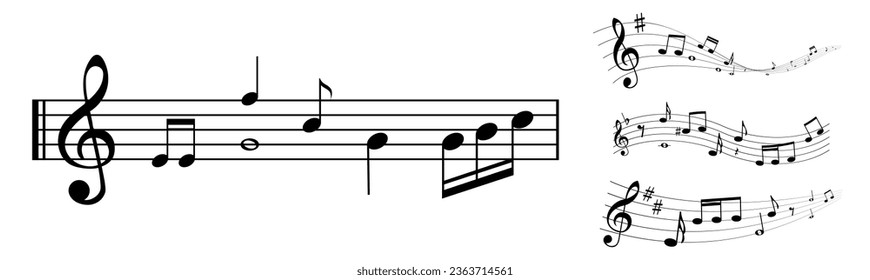 Black sheet music melody with musical notes. Musical note wave element collection. Musical notes stave