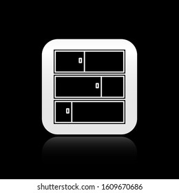 Black Shelf icon isolated on black background. Shelves sign. Silver square button. Vector Illustration
