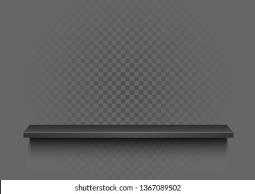 Black shelf on gray background. Portfolio plastic or wooden construction with shadow on transparent backdrop