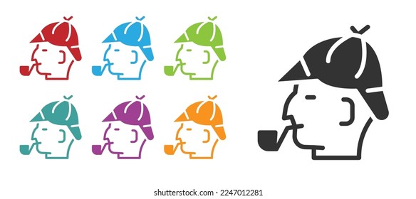 Black Sherlock Holmes with smoking pipe icon isolated on white background. Detective. Set icons colorful. Vector