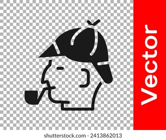 Black Sherlock Holmes with smoking pipe icon isolated on transparent background. Detective.  Vector