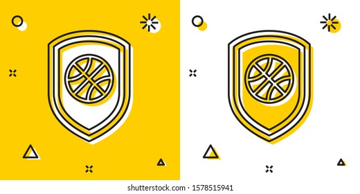 Black Shield in the basketball ball inside icon isolated on yellow and white background. Random dynamic shapes. Vector Illustration