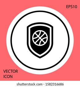 Black Shield in the basketball ball inside icon isolated on red background. White circle button. Vector Illustration