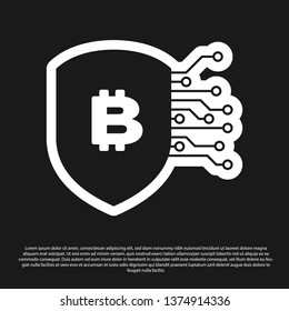 Black Shield with bitcoin icon isolated on black background. Cryptocurrency mining, blockchain technology, bitcoin, security, protect, digital money. Vector Illustration