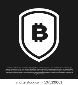 Black Shield with bitcoin icon isolated on black background. Cryptocurrency mining, blockchain technology, bitcoin, security, protect, digital money. Vector Illustration