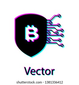 Black Shield with bitcoin icon isolated on white background. Cryptocurrency mining, blockchain technology, bitcoin, security, protect, digital money. Vector Illustration