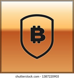 Black Shield with bitcoin icon isolated on gold background. Cryptocurrency mining, blockchain technology, bitcoin, security, protect, digital money. Vector Illustration