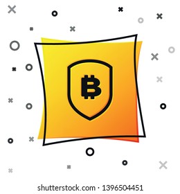 Black Shield with bitcoin icon isolated on white background. Cryptocurrency mining, blockchain technology, bitcoin, security, protect, digital money. Yellow square button. Vector Illustration