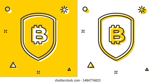 Black Shield with bitcoin icon isolated on yellow and white background. Cryptocurrency mining, blockchain technology, security, protect, digital money. Random dynamic shapes. Vector Illustration