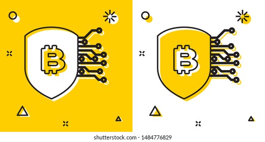 Black Shield with bitcoin icon isolated on yellow and white background. Cryptocurrency mining, blockchain technology, security, protect, digital money. Random dynamic shapes. Vector Illustration