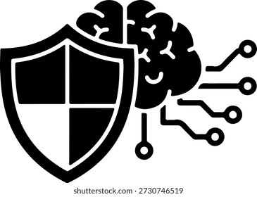 Un escudo negro y cerebro con Elementos de placa de circuito sobre un fondo blanco, representado en un estilo de silueta moderno y elegante.