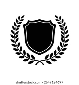 A black shield is centered within a black laurel wreath on a white background The image is simple and symbolic.