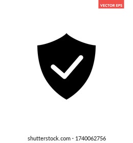 Black shield with check mark filled icon, simple ok confirmation shape flat design pictogram concept vector for app ads web banner button ui ux interface elements isolated on white background