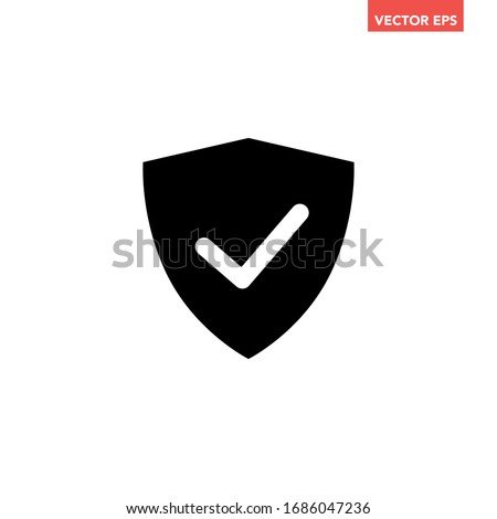 Black shield with check mark filled icon, simple ok confirmation shape flat design pictogram concept vector for app ads web banner button ui ux interface elements isolated on white background