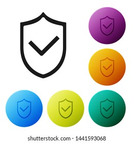 Black Shield with check mark icon isolated on white background. Protection symbol. Security check Icon. Tick mark approved icon. Set icons colorful circle buttons. Vector Illustration