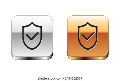 Black Shield with check mark icon isolated on white background. Protection symbol. Security check Icon. Tick mark approved icon. Silver-gold square button. Vector Illustration